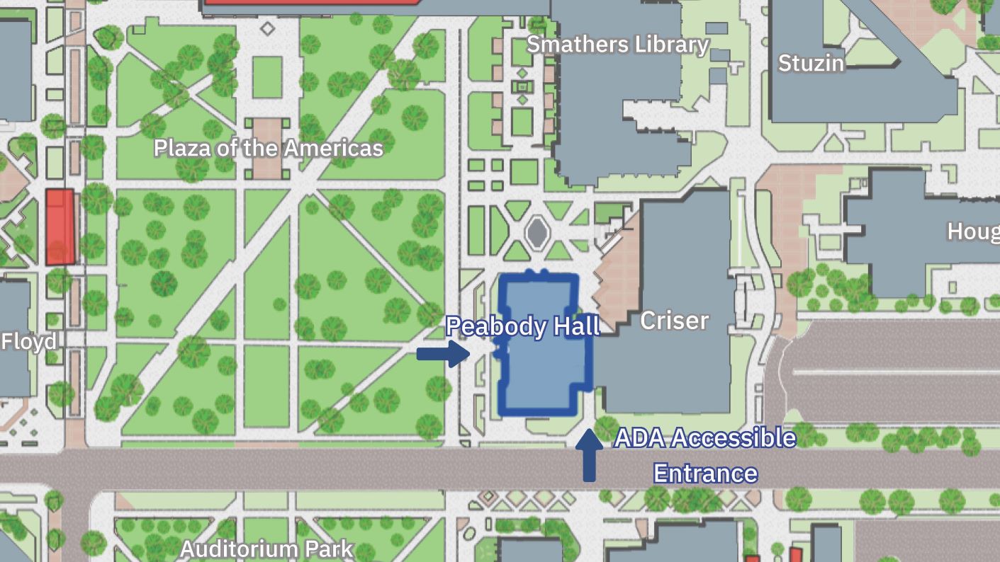 Detailed campus map highlighting Peabody Hall at the University of Florida, showing the ADA accessible entrance located on the south side of the building from Union Road. Surrounding landmarks include Criser Hall to the east, Floyd Hall and the Plaza of the Americas to the north, Smathers Library to the northwest, and Stuzin Hall to the west. The map emphasizes pedestrian pathways and building labels to assist with orientation and accessibility